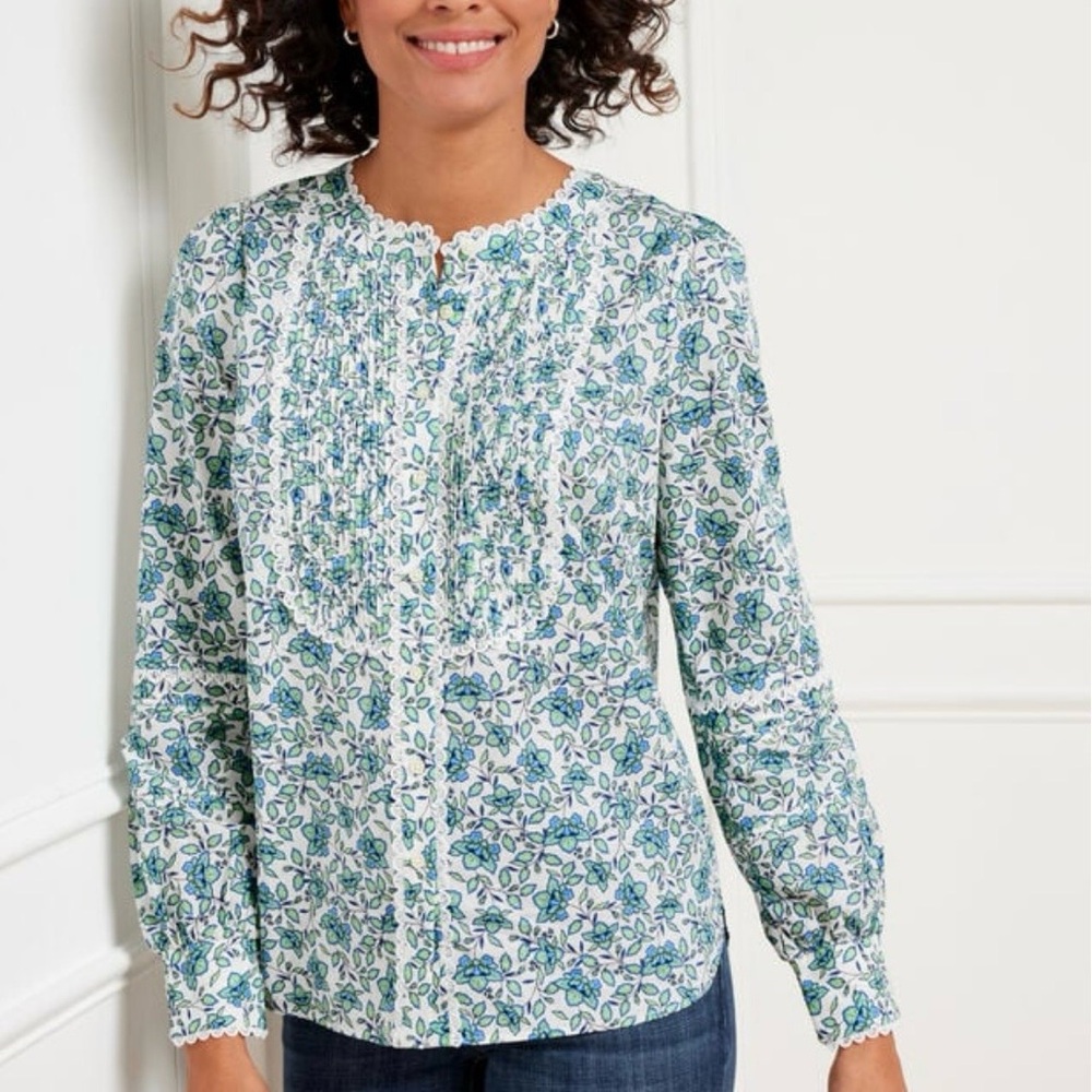 Talbots Scallop Lace Trim Top Petite Small Floral Pintucked Cottagecore Coquette